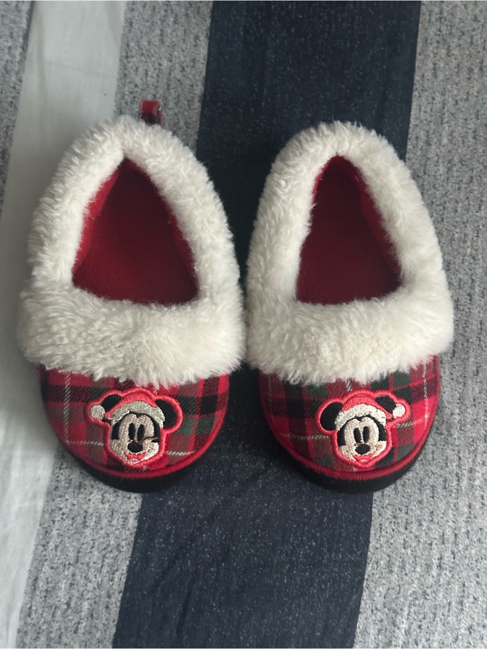 Mickey Mouse Kids Red Plaid Fleece-Lined Slippers